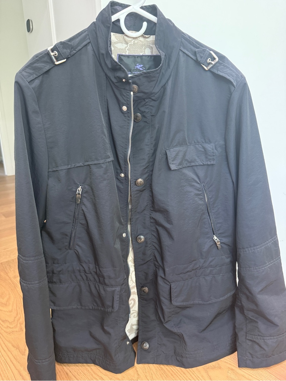 ETRO Milano Men’s XL Navy Field Jacket Paisley Silk Blend Lining Made Italy